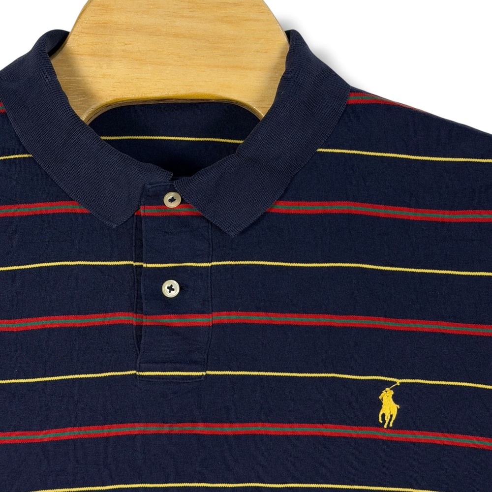 Polo Ralph Lauren Polo Shirt Mens XL Navy Blue Striped Cotton Short Sleeve Pony